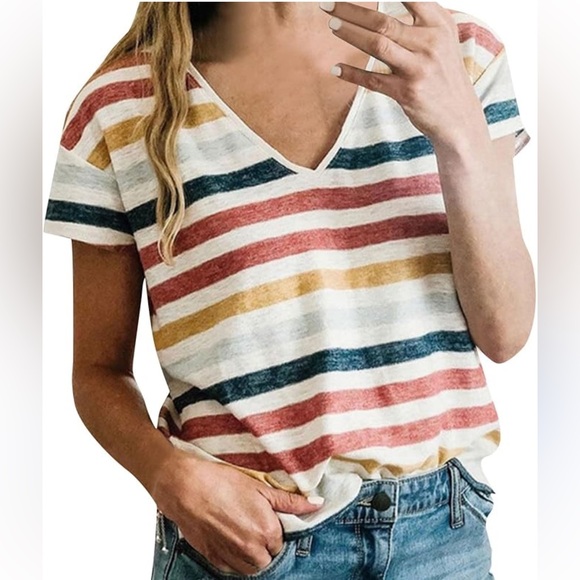 Madewell Skyline V-Neck Tee with Red, Blue, and Mustard Stripes EUC- worn once - Picture 4 of 11